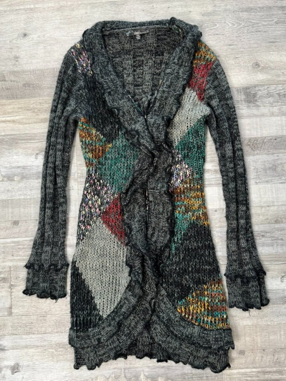 Sioni Grey Colorful Ruffled Long Sweater Cardigan Size Petite Medium
